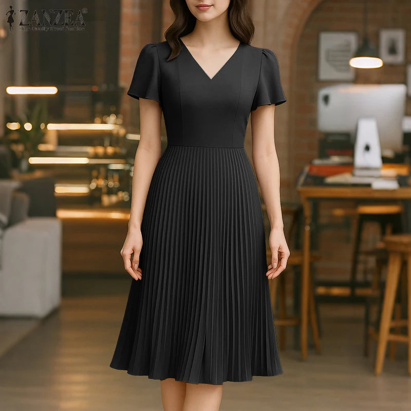 Elegant V Neck Office Work Dresses ZANZEA Women 2025 Summer Dress Solid Pleated Sundress Short Sleeve A Line Party Vestidos Robe