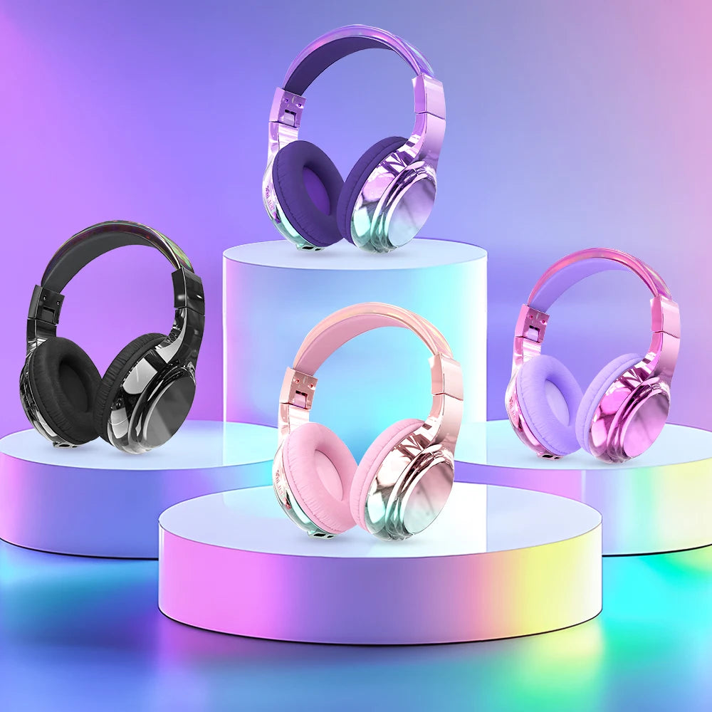 Glossy Bluetooth Headphones For Kids Girls Wireless Stereo Headset With Mic