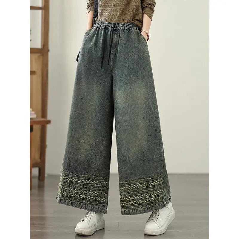 Jeans Women 2025 Autumn New Jeans Retro Heavy Industry Embroidery Ethnic Style Elastic Waist Casual Oversized Wide Leg Pants - trendingshoping.com