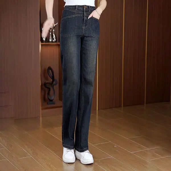Women's Narrow Straight Leg Jeans  Fall Winter New Plush Lined Thick Korean Retro Relaxed Casual Trousers High Waist Flattering