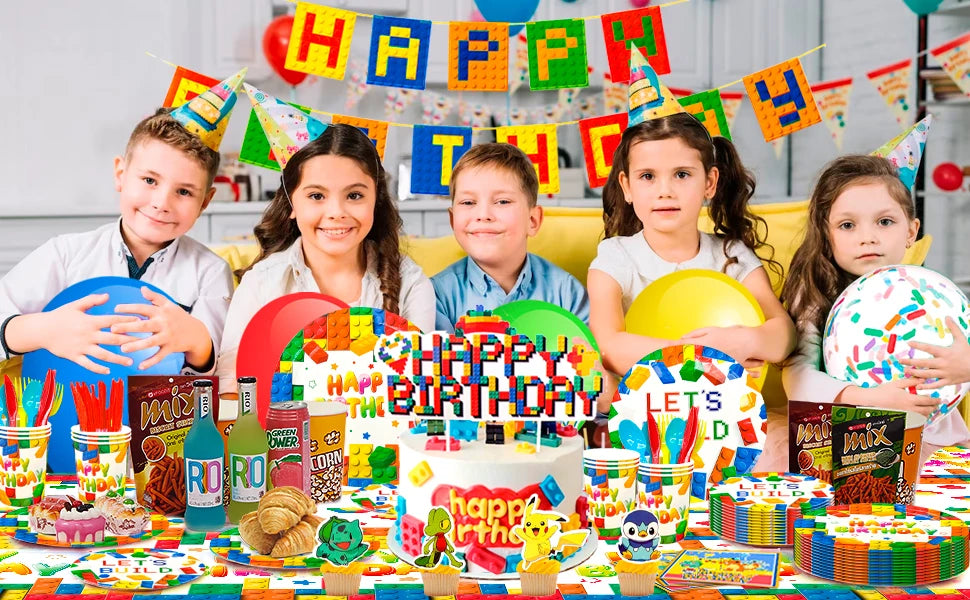 Building Blocks Birthday Party Supplies,114pcs Party Decorations&Building Blocks Tableware Set-Party Plates Napkins Backdrop etc - trendingshoping.com