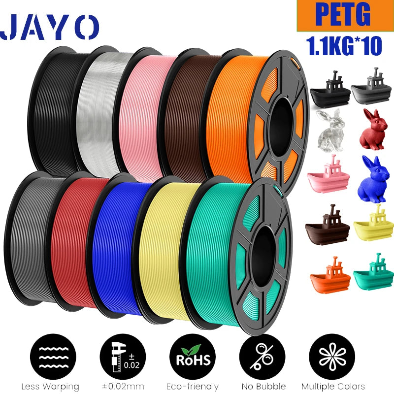 JAYO petg Filament 3d PETG 1.75mm 10Rolls Neatly Wound Toughness no bubbles 3D Printer Filament for FDM Muticolor 1.1KG /roll - trendingshoping.com