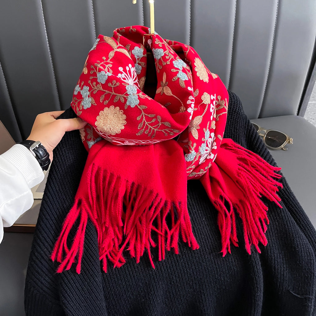 New Winter Warm Cashmere Scarf for Women Embroidery Pashmina Blanket Thick Shawl Wrap Neckerchief Fashion Bufanda Echarpe Poncho