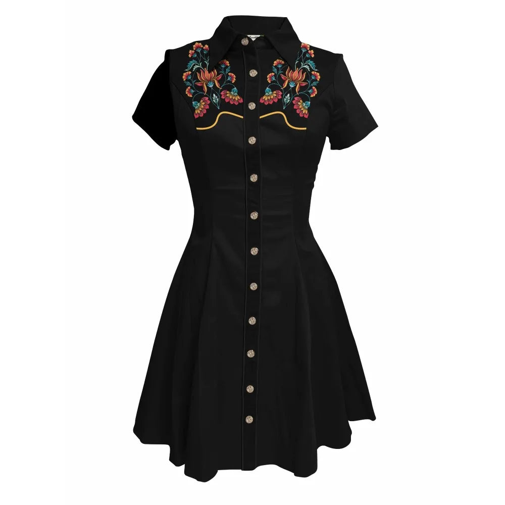 Western Vintage Flower Printed Western Cowboy Dress Women Button-down Dress Short Sleeves 100% Cotton Dress Summer Streetwear