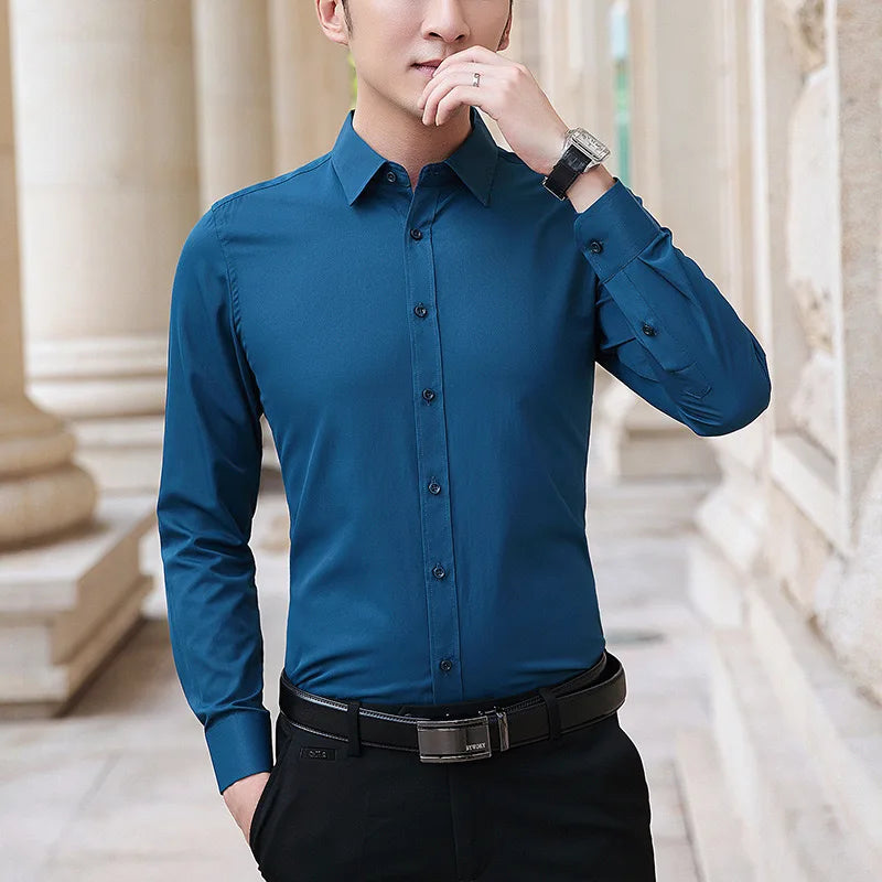 Men’s Solid Color Slim Fit Long Sleeve Business Casual Formal Shirt No Iron