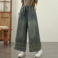 Jeans Women 2025 Autumn New Jeans Retro Heavy Industry Embroidery Ethnic Style Elastic Waist Casual Oversized Wide Leg Pants - trendingshoping.com