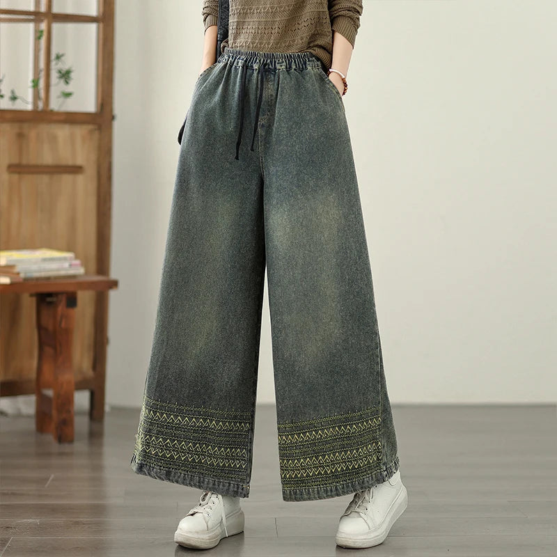 Jeans Women 2025 Autumn New Jeans Retro Heavy Industry Embroidery Ethnic Style Elastic Waist Casual Oversized Wide Leg Pants - trendingshoping.com