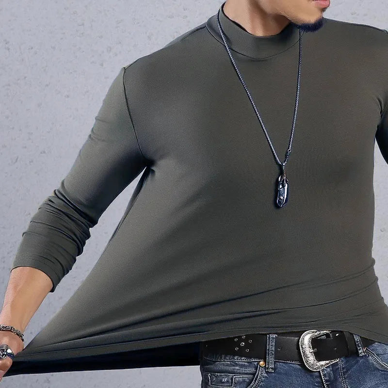 Men’s Solid Color Turtleneck Long Sleeve Slim Fit T-Shirt Spring Casual Top Plus Size