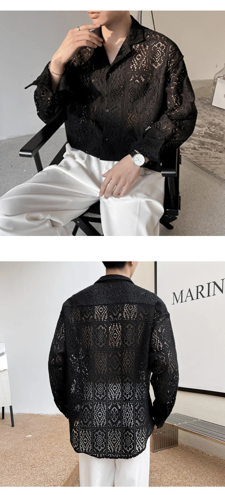 Fashion Hollow Out Shirts for Men Transparent Mesh Lace Long Sleeve Shirts Retro Elegant Breathable Tops Male Streetwear Popular