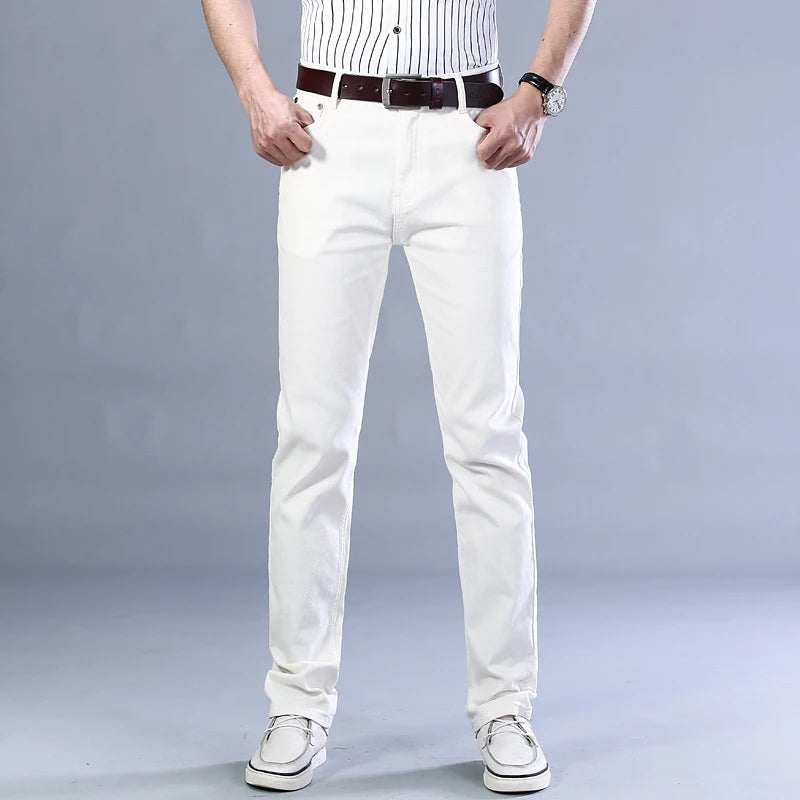 White Jeans Mens Fashion Straight Elastic Cotton Denim Pants Spring Autumn Business Casual Trousers