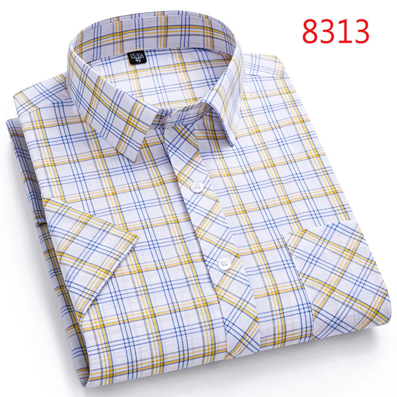 Men's Casual Cotton Plaid Shirt – Short Sleeve Summer Shirt, Elegant Business & Smart Dress Shirt, England Fashion Top