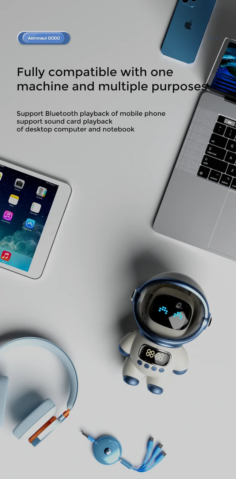 Smart Astronaut Bluetooth Speaker with Night Light, FM Radio, Portable Wireless Subwoofer Speaker