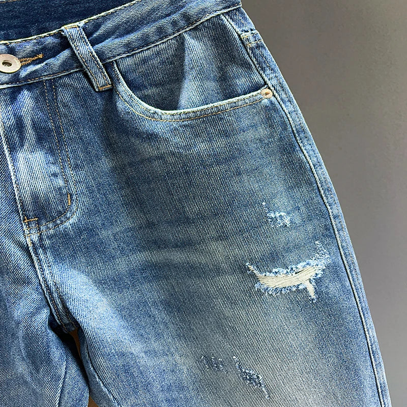 Ripped Jeans Men New Personality Fashion Vintage Blue Streetwear Baggy Denim Pants Casual Tapered Hole Frayed Trousers Male