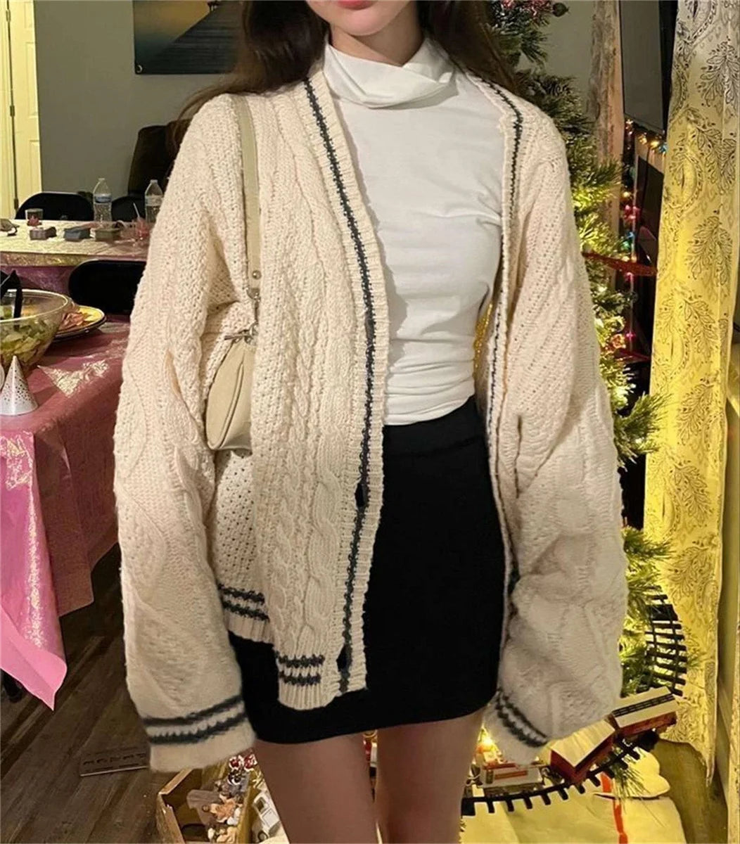 Knit Print Winter Cardigan Sweater Chic Vintage Star Preppy Long Sleeve Autumn V Neck Aesthetic Retro Single Breasted Sweaters - trendingshoping.com