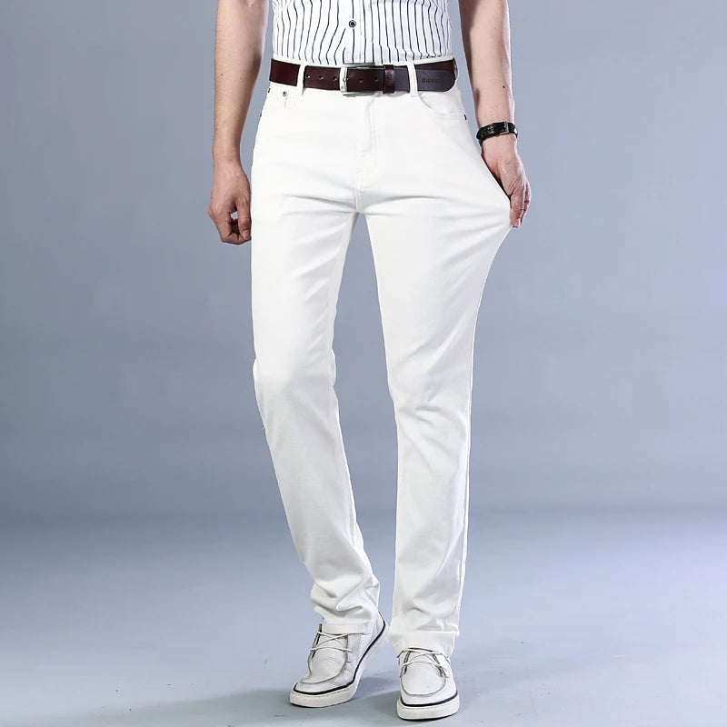 White Jeans Mens Fashion Straight Elastic Cotton Denim Pants Spring Autumn Business Casual Trousers