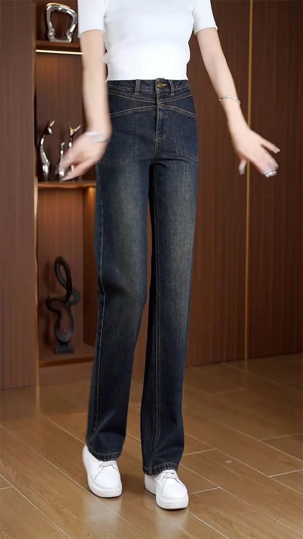 Women's Narrow Straight Leg Jeans  Fall Winter New Plush Lined Thick Korean Retro Relaxed Casual Trousers High Waist Flattering