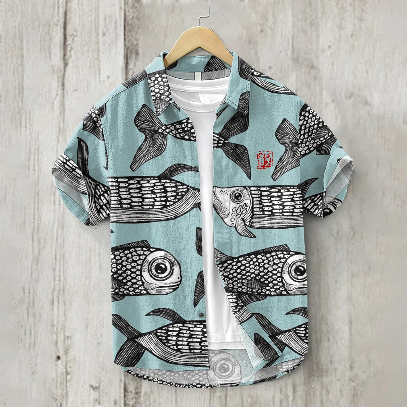 Men's shirt, small fish eating big fish, fashionable and casual, slim fit, Hawaiian men