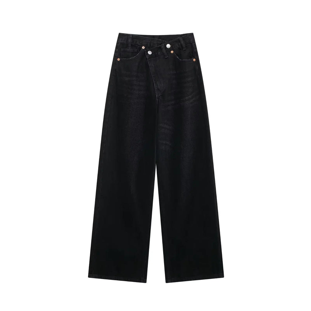 Jeans For Woman New Fashion Asymmetric Design High Waist Wide Leg Trousers Casual Women's Straight Leg Jeans - trendingshoping.com