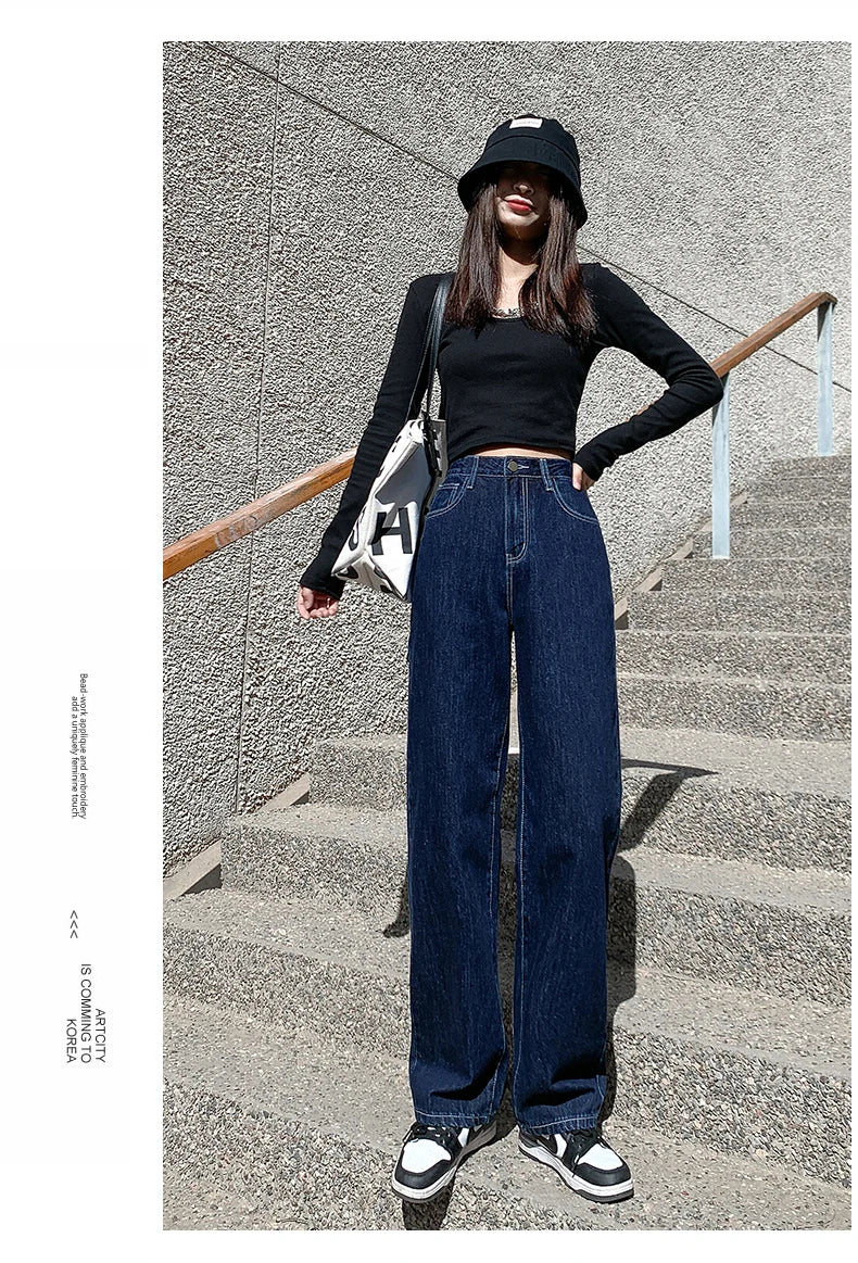 Jielur Dark Blue High Waist Washed Straight Wide Leg Womens Jeans Solid Color