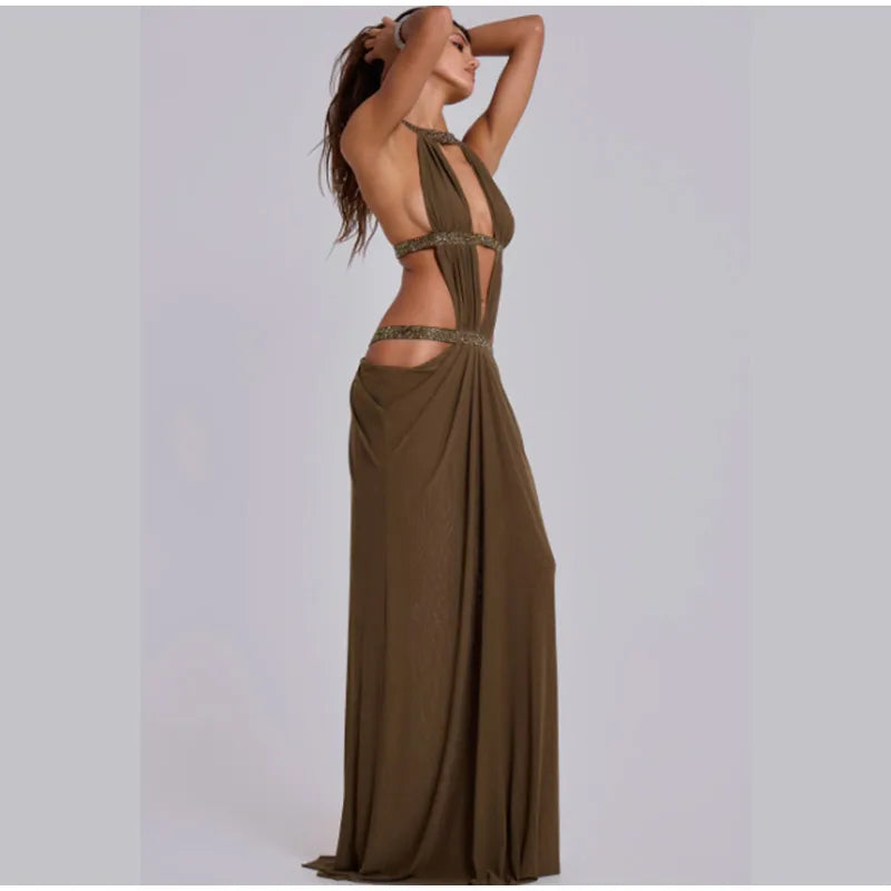 Women’s Sequin Halter Neck Sleeveless Backless Evening Maxi Dress