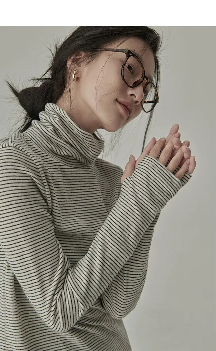 Striped T-shirts Women Spring Cozy Long Sleeved All-match Daily Elegant Classic Turtleneck Tops Hot Sales Korean Style Clothing