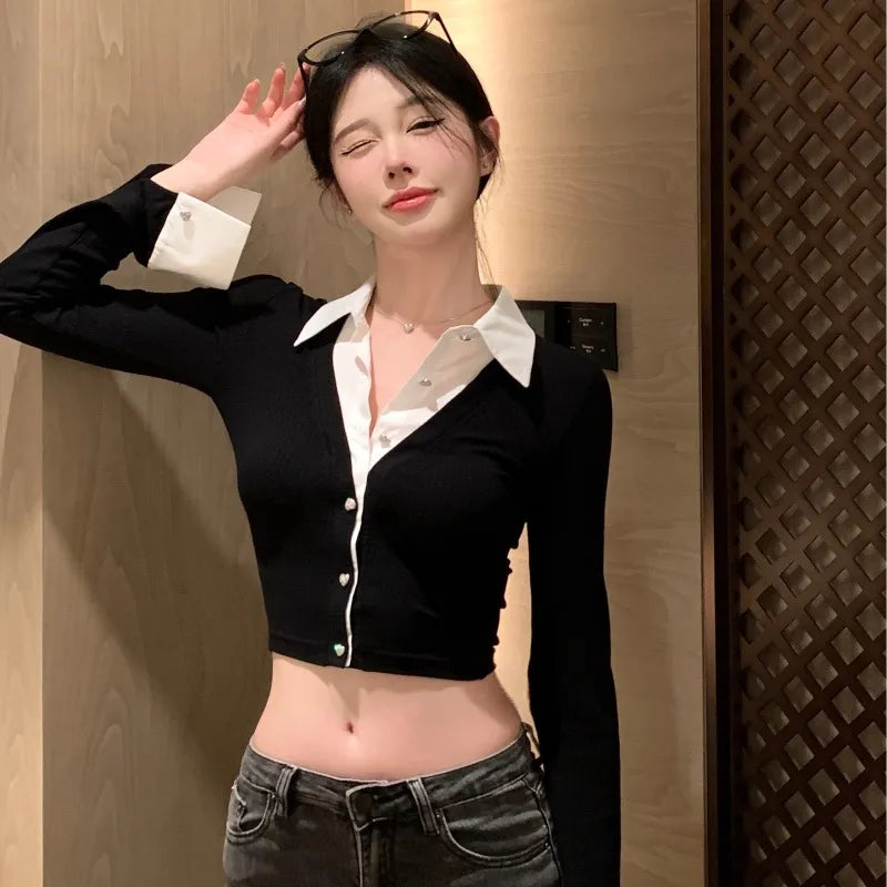 T-shirts Women Minimalist Sexy Aesthetic Delicate Panelled Patchwork All-match Female Clothing Fake Two Pieces Knitted Advanced