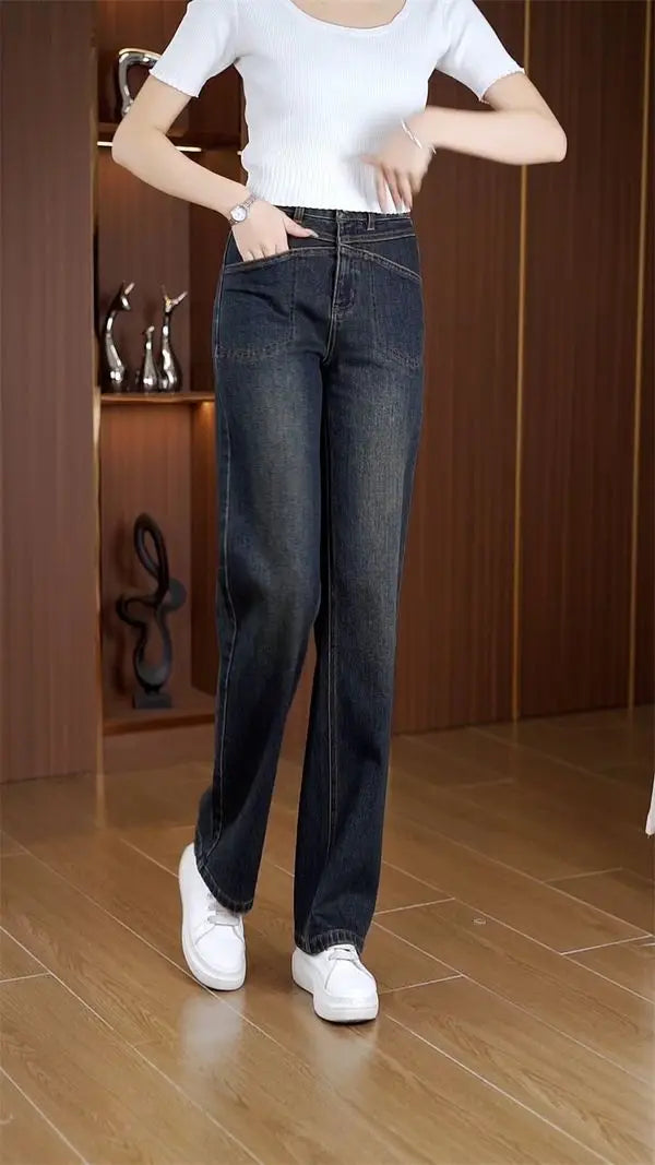 Women's Narrow Straight Leg Jeans  Fall Winter New Plush Lined Thick Korean Retro Relaxed Casual Trousers High Waist Flattering