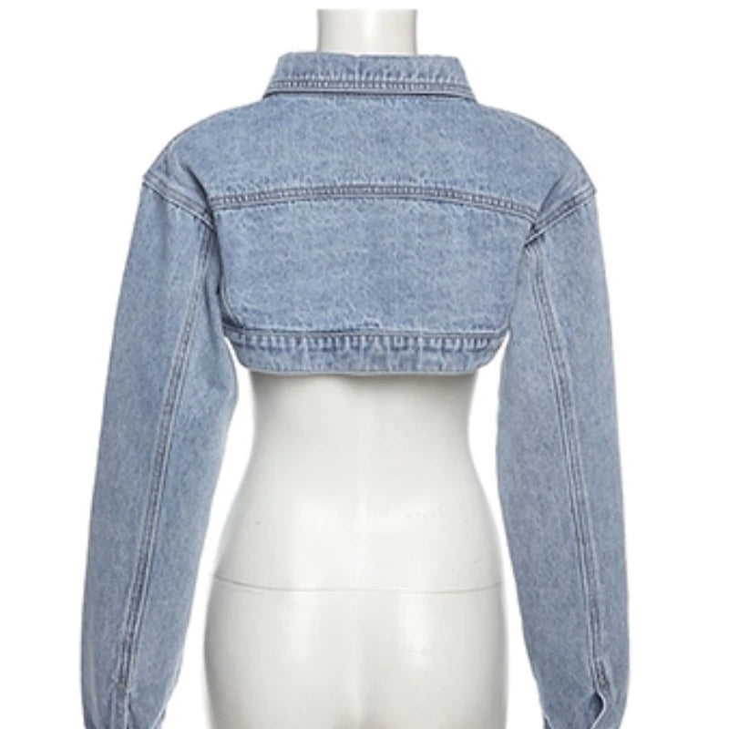 Women Cropped Denim Jacket Single Button Vintage Casual Streetwear Spring Fashion
