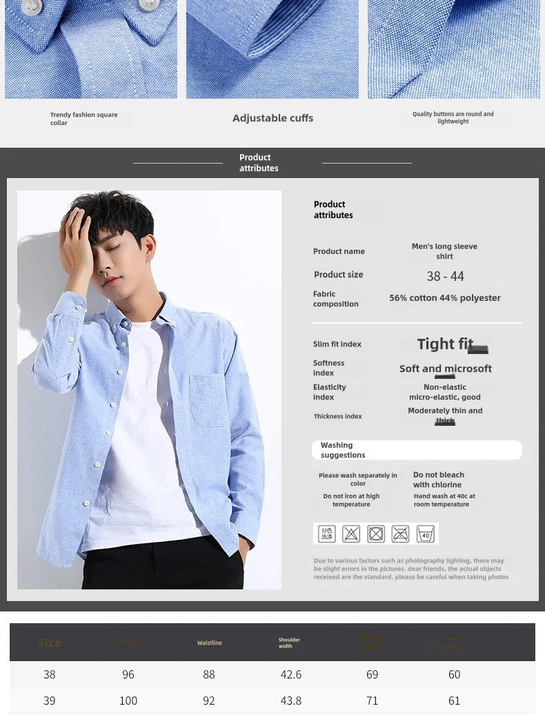 Men's Long Sleeve Oxford Shirt – Slim Fit, Soft & Comfortable, Casual Work Shirt for Spring, Summer, Autumn & Winter, No Iron