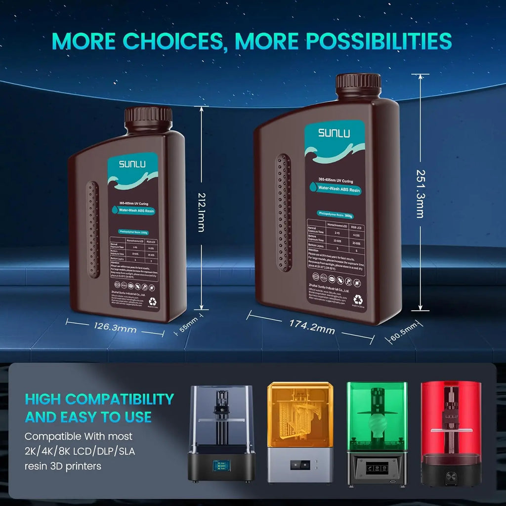 SUNLU ABS-Like 3D Printer Resin – 405nm Rapid UV-Curing, Water Washable, 1000g Bottle