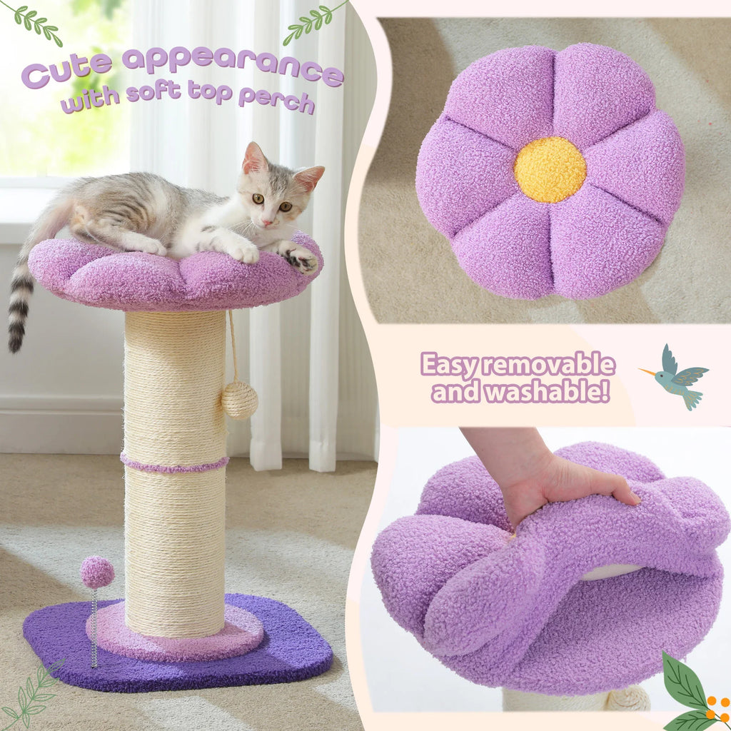 Flower Cat Scratching Post Small Cat Tree Tower Cat Scratcher for Indoor Cats with Super Thick Scratching Post Removable Cat Bed - trendingshoping.com