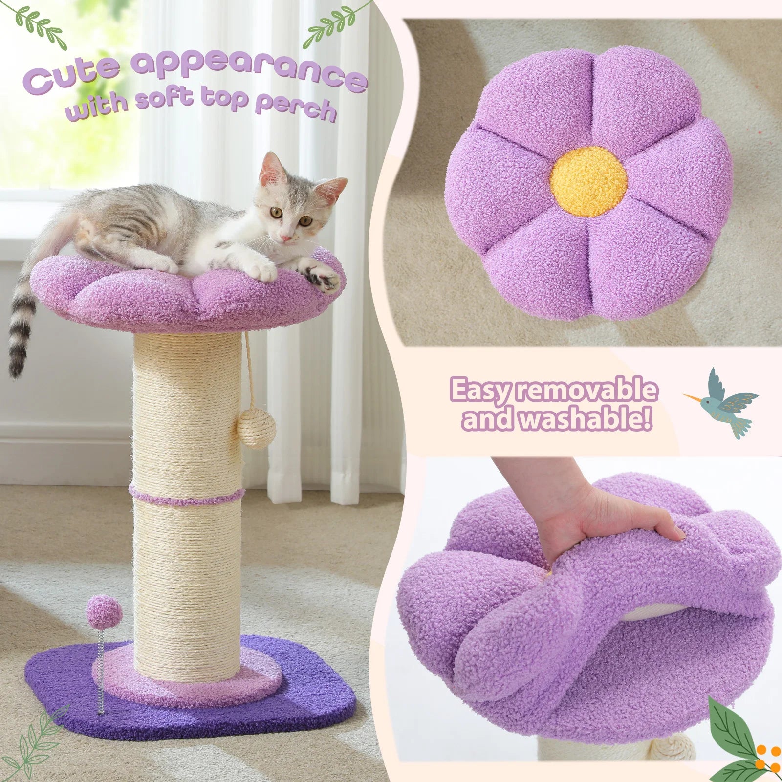 Flower Cat Scratching Post Small Cat Tree Tower Cat Scratcher for Indoor Cats with Super Thick Scratching Post Removable Cat Bed - trendingshoping.com