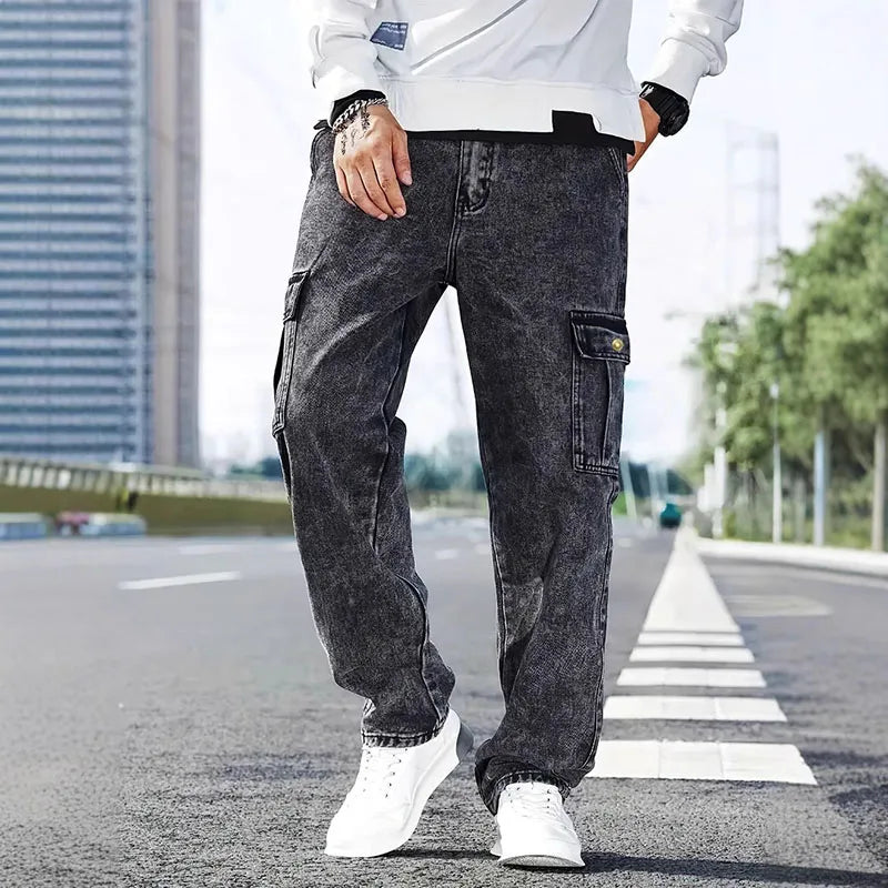 Mens Loose Straight Leg Jeans Large Pocket Casual Work Pants