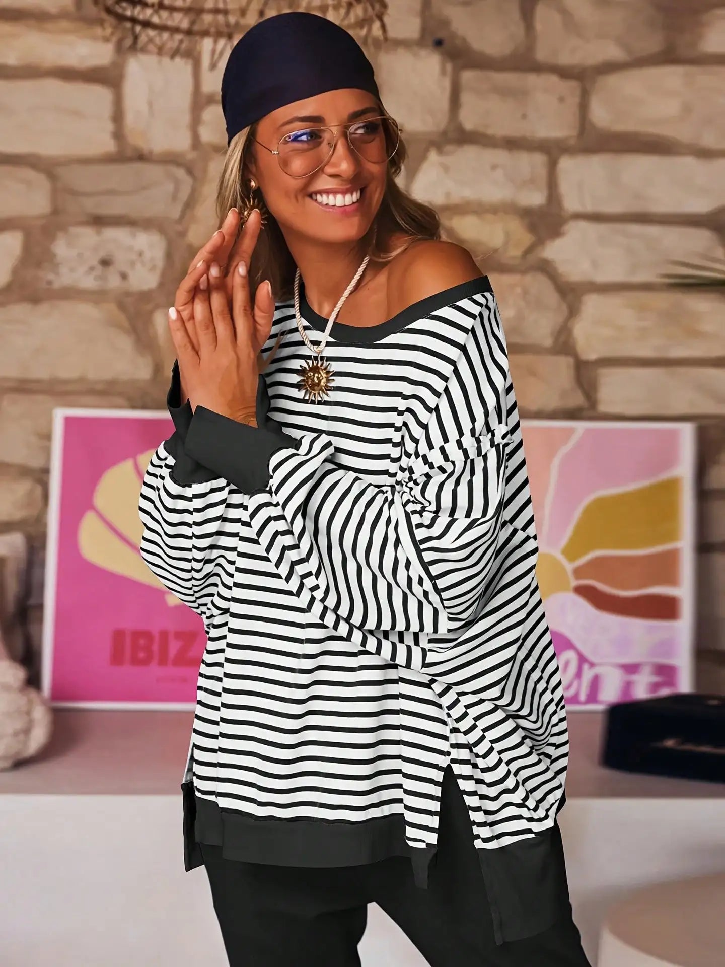 Women Spring Autumn Long Sleeve Loose Tops Crew Neck Striped Side Slits Shirt Casual Pullover Sweatshirt Tops