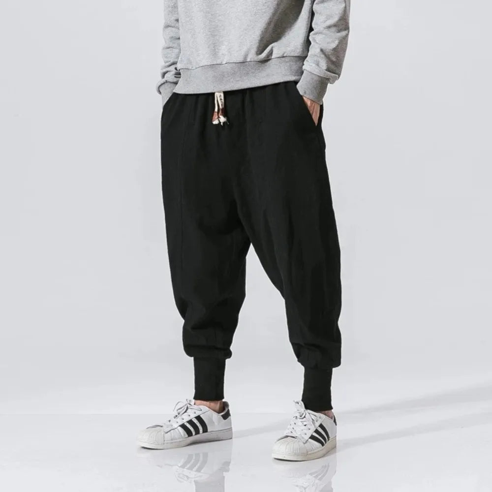 Men’s Cotton Linen Harem Pants - Baggy Drop-Crotch Streetwear Joggers