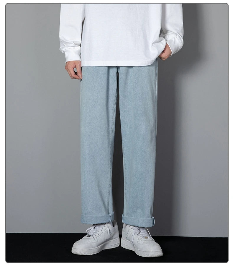 2025 New Korean Men's Casual Long Jeans Classic Man Straight Denim Wide-leg Pants Solid Color Light Blue Grey Black