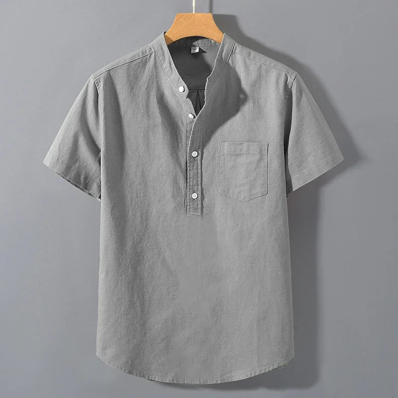 Men’s Short Sleeve Stand Collar T-Shirt Solid Color Loose Fit Summer Cotton Top