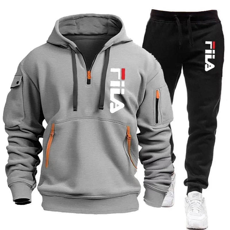 FILA 2026 Men's Autumn Winter Hoodie & Pants Set – Two-Piece Pullover Sportswear, Outdoor Multi-Pocket Sweatshirt