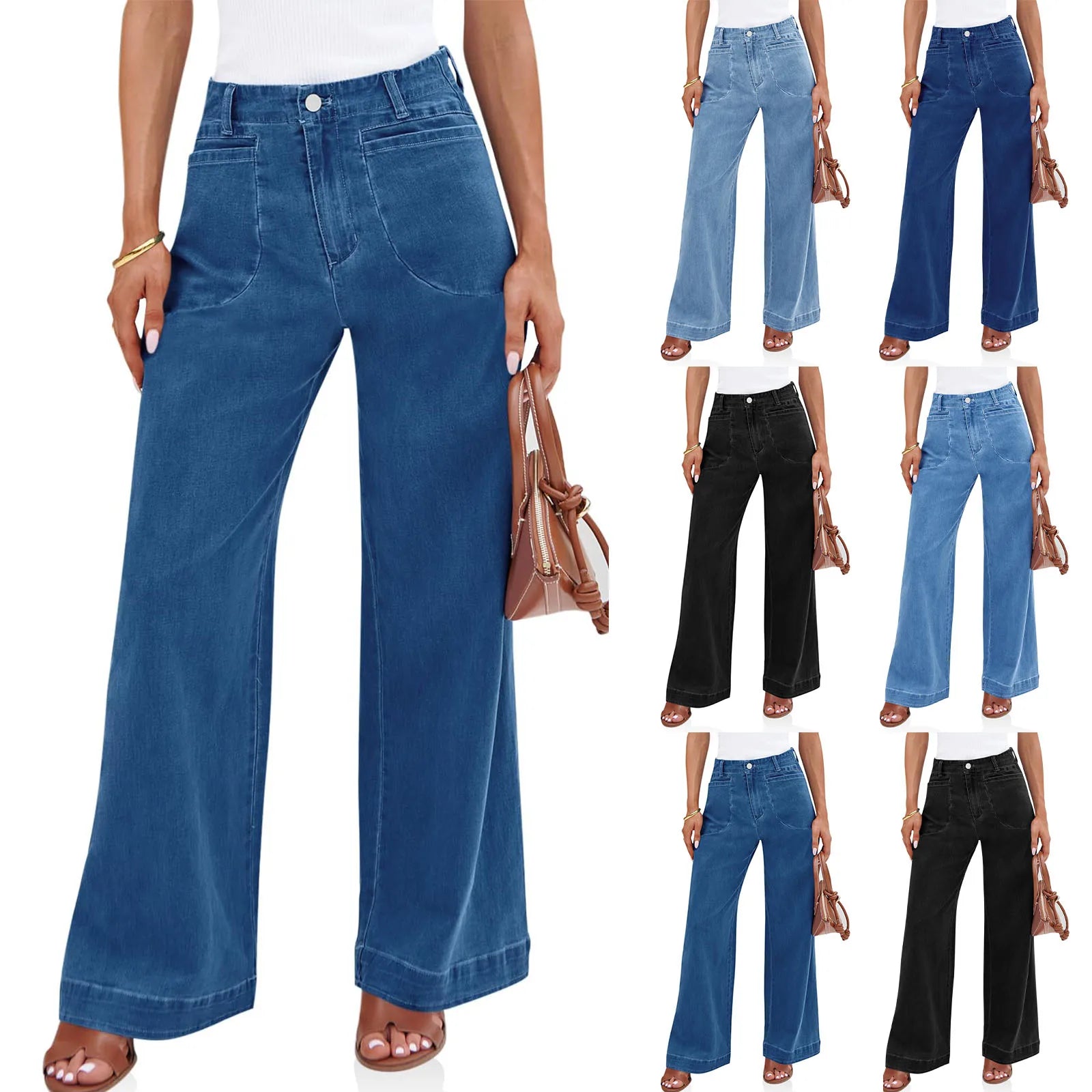 Womens High Waist Spring Wide Leg Straight Jeans Retro Style