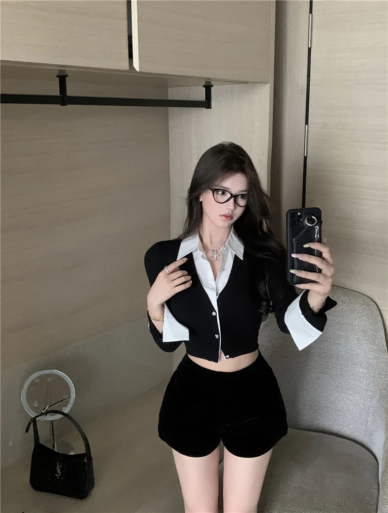 T-shirts Women Minimalist Sexy Aesthetic Delicate Panelled Patchwork All-match Female Clothing Fake Two Pieces Knitted Advanced