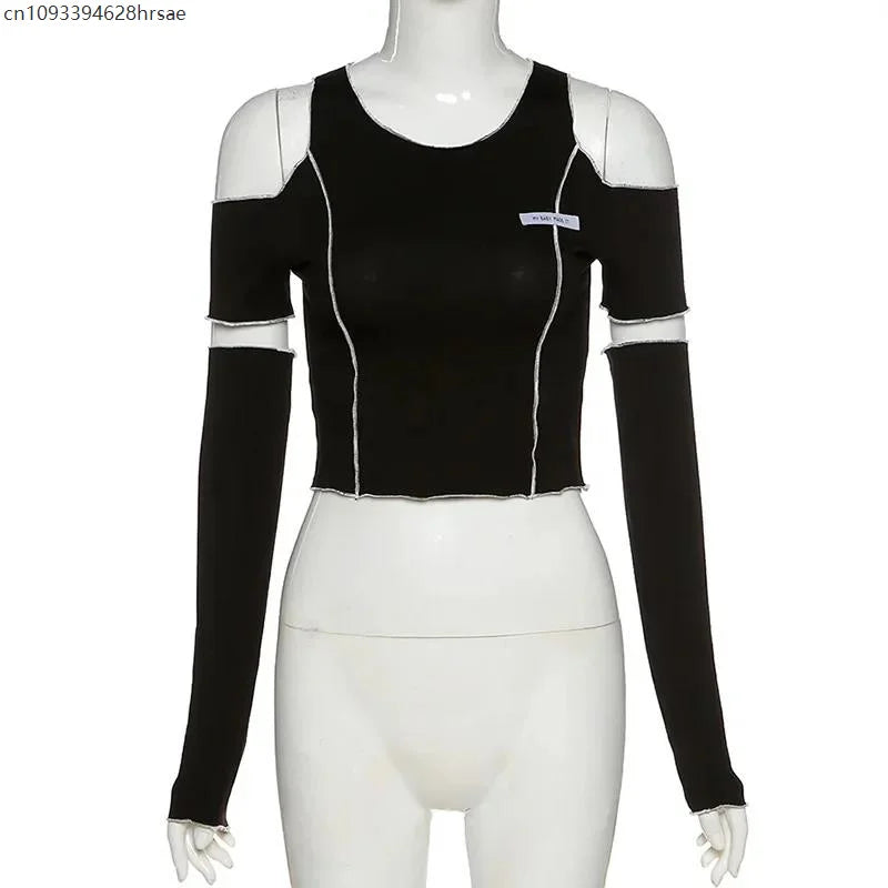 Patchwork Black T-shirts Gothic One Shoulder Sleeve Y2k Crop Tops Ruffles Hem Hip Hop Techwear Women Tees 2025