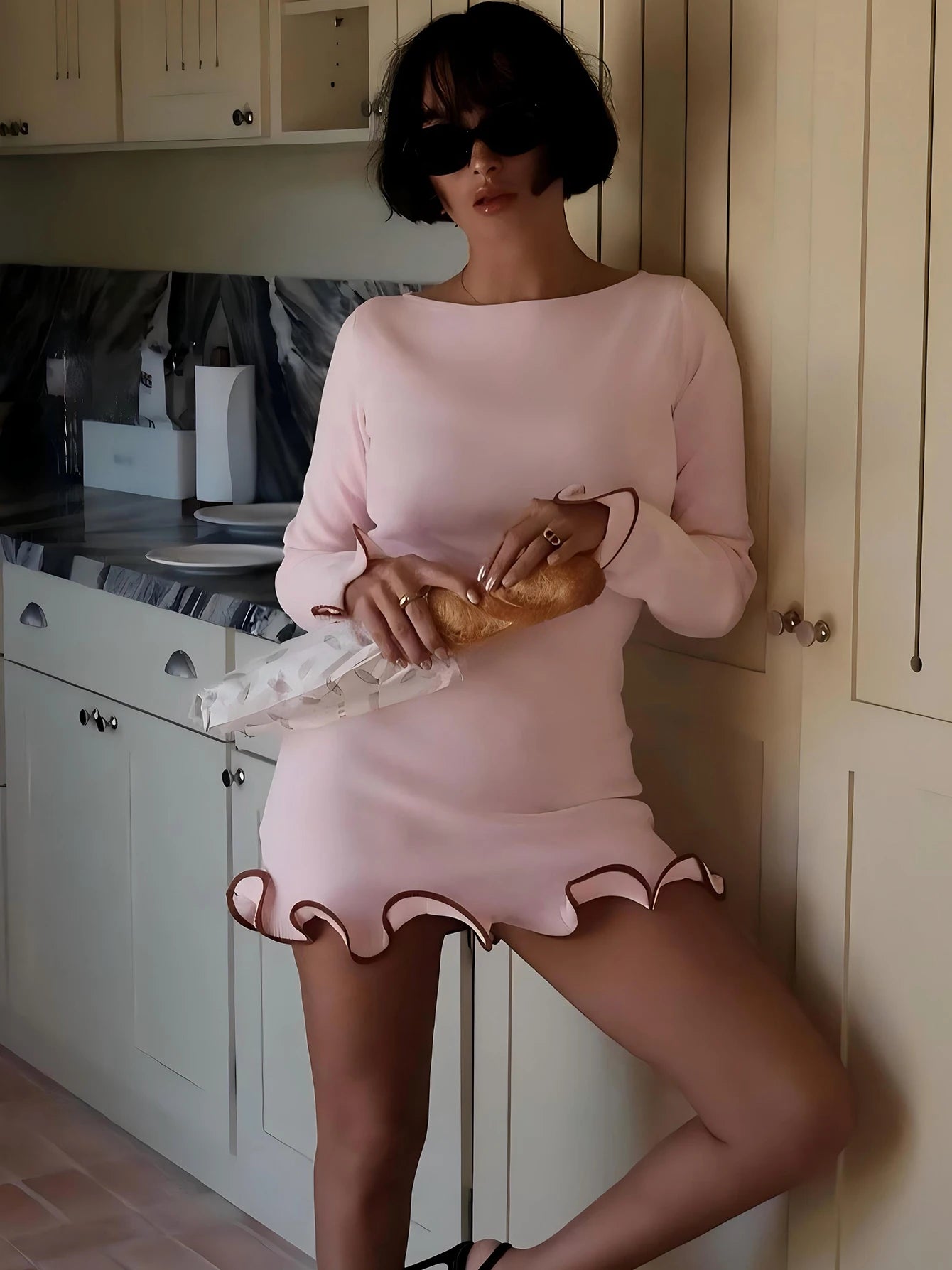 Dulzura Women's Ruffle Patchwork Bodycon Mini Dress - Long Sleeve O-Neck Sexy Party Outfit