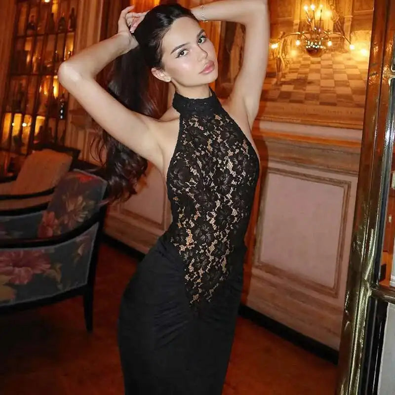 Women’s Fashion Sequin Halter Neck Backless Long Dress