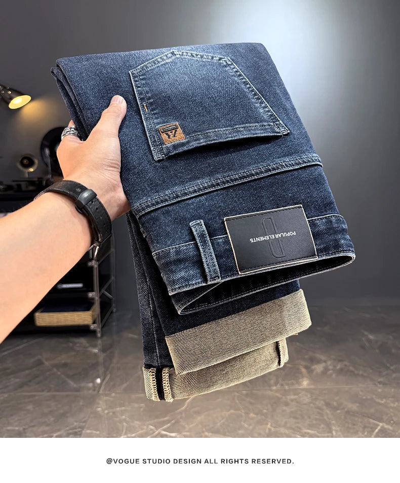 Men's Classic Straight Leg Stretch Jeans - Casual Autumn Winter Denim Trousers
