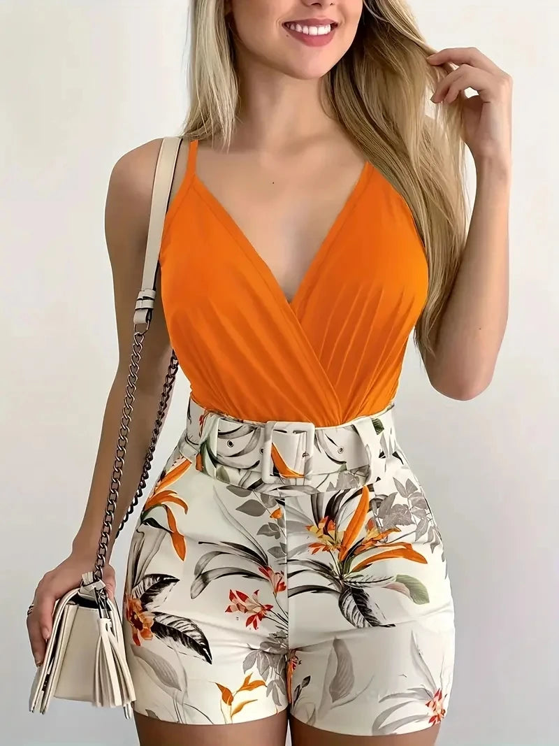 New Womens Clothing V Neck Camisole and Plant Print Shorts Set with Belt European American Style