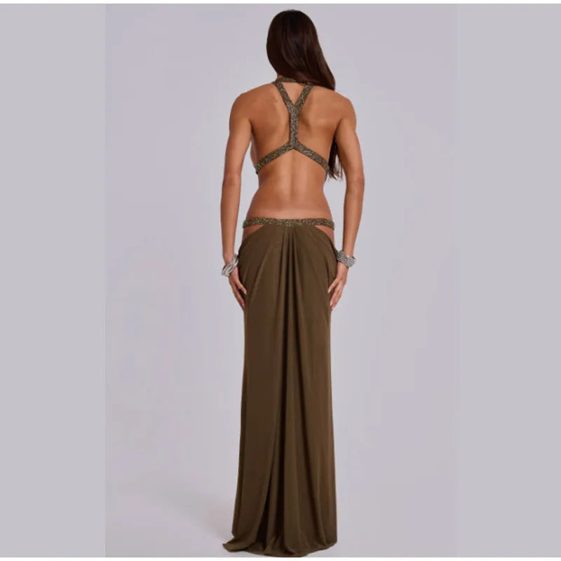 Women’s Sequin Halter Neck Sleeveless Backless Evening Maxi Dress