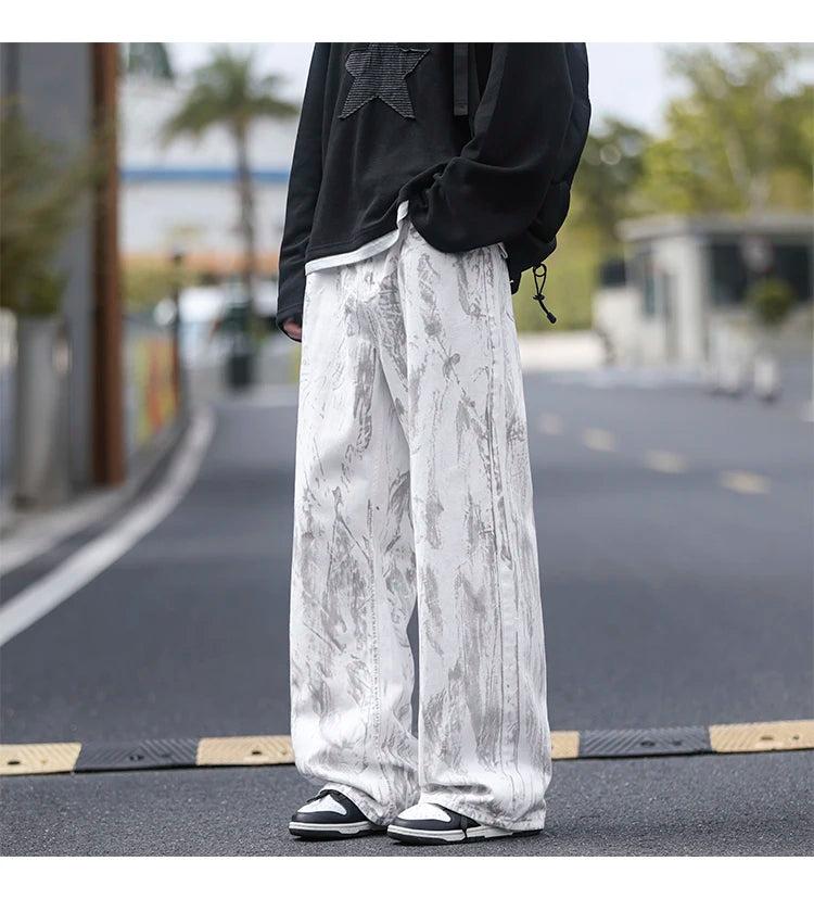 Jeans Mens Classic Straight Leg Jeans White Tie Dye Denim Pants Unisex Fashion Casual Trousers Streetwear Hip Hop Style Washed - trendingshoping.com