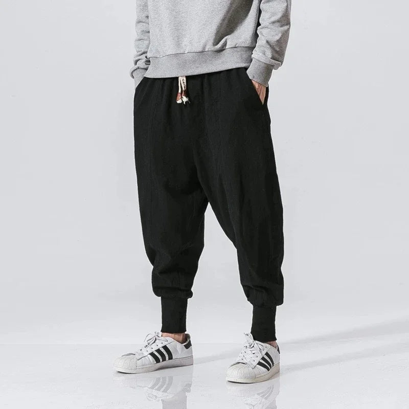 Men’s Cotton Linen Harem Pants - Baggy Drop-Crotch Streetwear Joggers