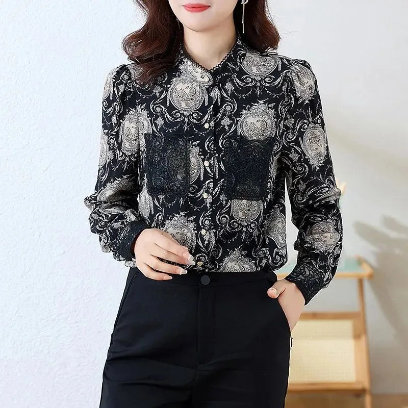 Women's Printed Satin Shirt - Slim Fit Long Sleeve Blouse for Spring & Autumn, Office Wear