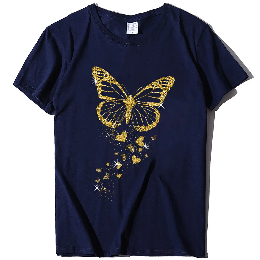 Golden Butterfly Print Women’s Casual T Shirt Short Sleeve O Neck Top